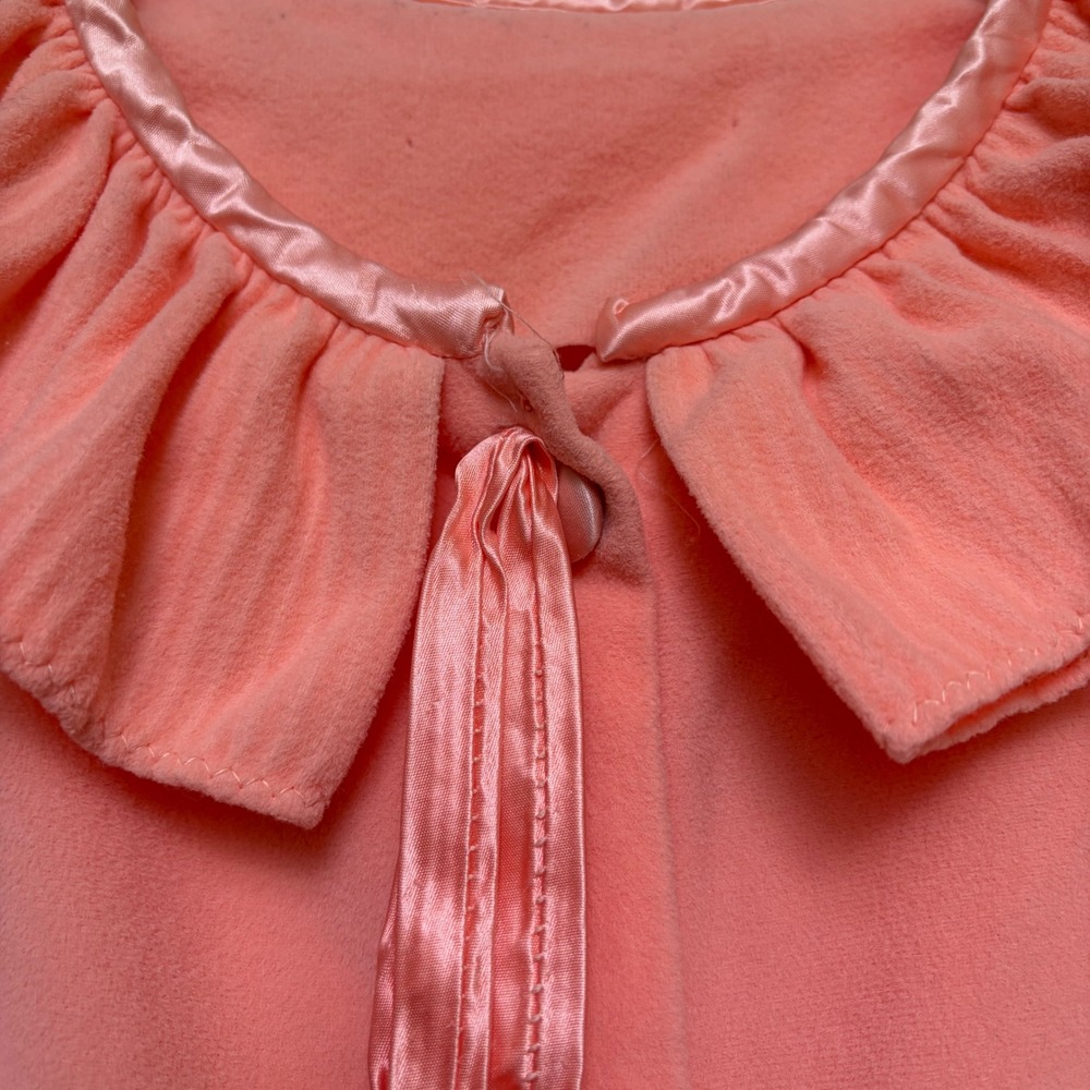 Vintage Peach Pink Fleece Ruffle Collar Button Maxi Robe Nightgown Loungewear - Picture 2 of 10